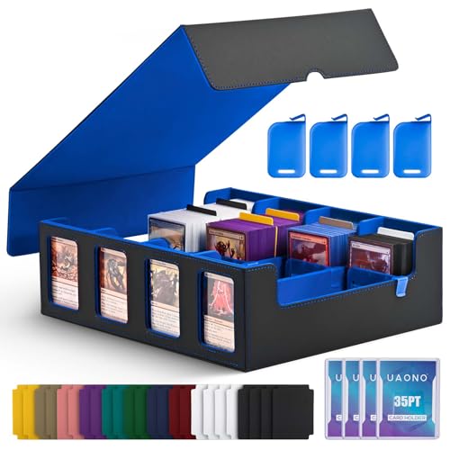 UAONO Trading Card Storage Box with Commander Display, Black Blue | 2400+ Deck Box for MTG with Removable Cover, Top Loaders Card Case Fits Magic TCG PTCG Sports Cards, 24 Dividers, 4 Stoppers - color: Black&Blue, size: 4 row