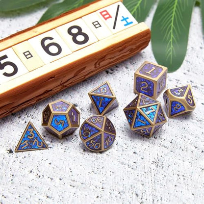 Metal dice Set D&D, 7-Piece Polyhedron DND D20 D12 D10 D8 D6 D4 Dungeons and Dragons Dice Set, Suitable for RPG Game DND dice Set (Bronze + Blue Powder) - color: Sxf-blue Copper