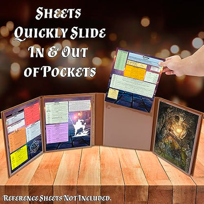 CASEMATIX DM Screen Faux Leather 8-Panel Deluxe GM Screen - Eight Panel Folding Game Master Screen with 2 Swinging Panels and Wet Erase Pockets for TTRPGs, Inserts Not Included, Brown - color: Brown