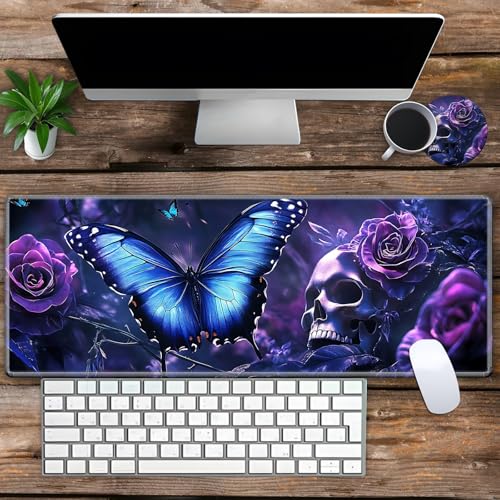 Large Gaming Mouse Pad Set with Wrist Support – 31.5" x 11.8" 4-in-1 XXL Mousepad with Keyboard Wrist Rest, Mouse Wrist Rest & Coaster – Ergonomic Desk Mat for Office, Home – Blue Butterfly Skull - color: Blue Butterfly Skull