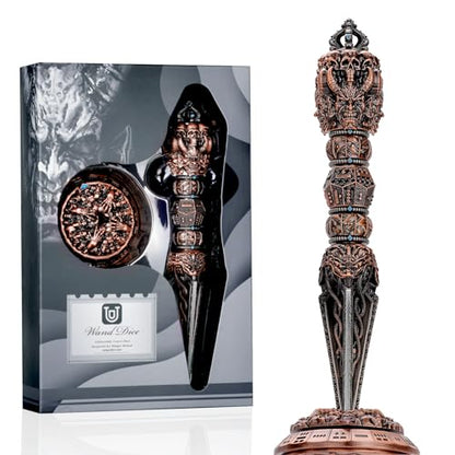 Unique Metal DND Wand dice Set with Bagua Stand, Seven as one, Roulette dice Rotator, Suitable for Role-Playing or Steampunk Themed Games with D20 D12 D10 D8 D6 D4 D00% Metal dice Set (Copper) - color: Copper
