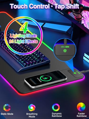 XL RGB LED Gaming Mouse Pad with 15W Magnetic Wireless Charging | 31.5'' x 11.8'' Large Desk Mat, 24 Lighting Effects Keyboard Pad with Non-Slip Rubber Base, Waterproof Easy Gliding Surface - color: RGB-Magnetic Right Charger-31.5"x11.8"