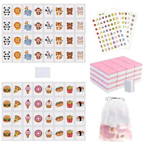 Vita Mahjong Game Set with Stickers, 65 Tiles DIY Plastic Mahjong Block Set, 2 Player Seaside Escape Push Tiles Game (Pink) - color: Pink