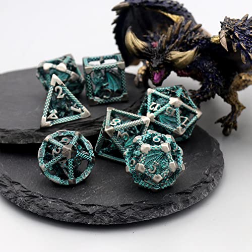 DND Dice Set,3D Hollow Dragon Metal 7-Die,Silver Blue | Solid Copper,Lightweight 68g Dice Set,Easy-to-Read Numbers,Gift Box & Velvet Bag for DND and TTRPG Gaming - color: 3d-sliver Blue