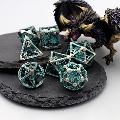DND Dice Set,3D Hollow Dragon Metal 7-Die,Silver Blue | Solid Copper,Lightweight 68g Dice Set,Easy-to-Read Numbers,Gift Box & Velvet Bag for DND and TTRPG Gaming - color: 3d-sliver Blue