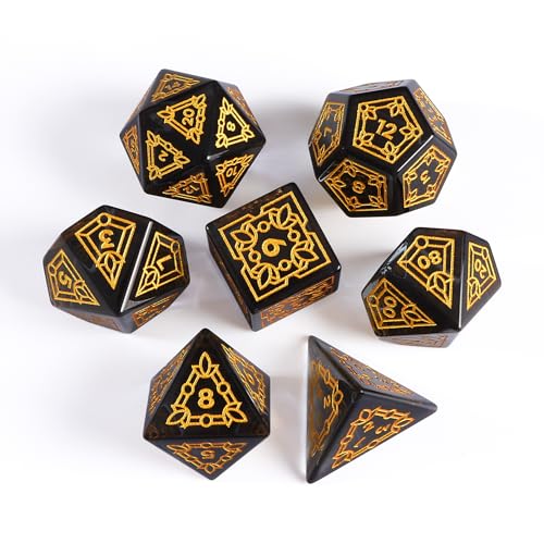 Premium Obsidian DND Dice Set with Celtic Knot Engravings – 7 Piece Polyhedral Gemstone Dice for Dungeons and Dragons, RPG, Tabletop Games – Black with Gold Numbers(Glass, Grey) - color: Grey