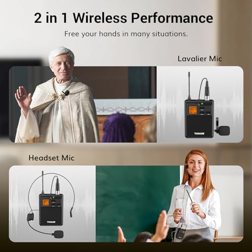 TONOR UHF Wireless Microphone System with Headset Lavalier Lapel Mic, Bodypack Transmitter, Rechargeable Receiver, 2 * 15 Channels 60 m/200ft Range 1/4" Output for Recording, 2 Bodypack Mics