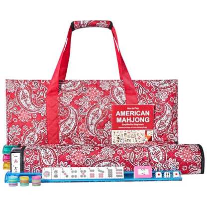 American Mahjong Game Set, 166 White Tiles, 4 All-in-One Color Rack/Pushers, Complete Mahjong Tile Set Red Printed Carrying Bag - color: Red