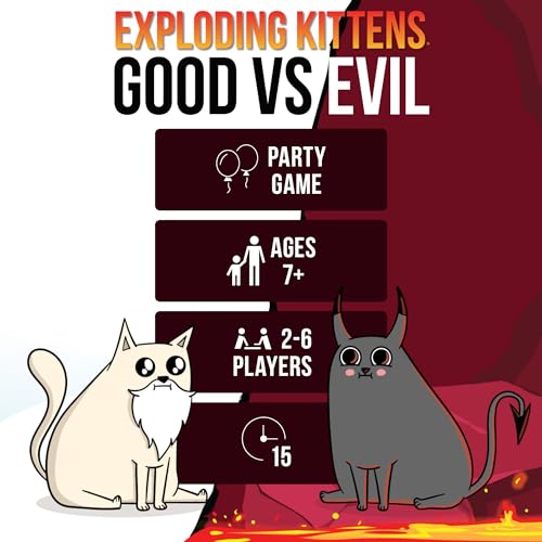 Exploding Kittens Good vs. Evil: 2-5, Age 7+, Party & Family Card Game | Battle with Godcat and Devilcat, use the playmat, and unleash good-versus-evil chaos in a fast, travel-ready card game. - style: Good vs. Evil