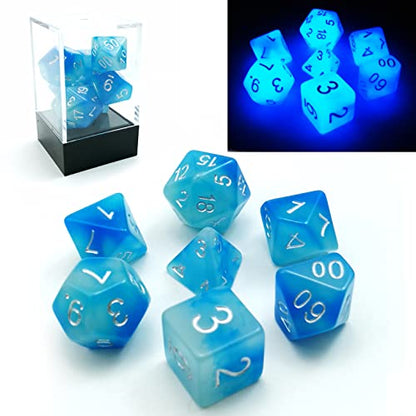 Bescon Gemini Glowing Polyhedral Dice 7pcs Set ICY Rocks, Luminous RPG Dice Set d4 d6 d8 d10 d12 d20 d%, Brick Box Packaging - color: Icy Rocks