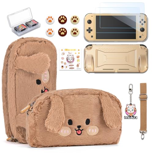 innoAura Switch Lite Case 14-in-1 Accessories Bundle for NS Switch Lite (2019), with Protective Carrying Case, Game Holder, Screen Protector & Cute Thumb Grips, Brown Dog Plush Bag - color: Dog, size: for Switch Lite (2019)