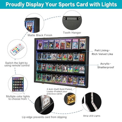 VERANI 36 LED Graded Sports Baseball Card Display Case Wall Mount Black | Large 36-slot inner space,Built-in soft LED light strips,Fully sealed dustproof structure,Wall mount vertical design - size: Large-Horizontal-Black-with LED