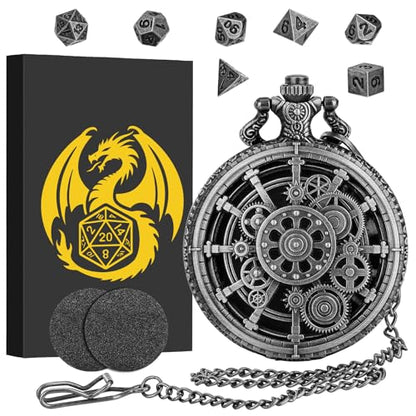 Mini DND Dice Set with Steampunk Dark Silver Hollow Gear Pocket Watch Shell Case, 7pcs Polyhedral Metal D&D Dice, DND Gifts with Gift Box for DND Lovers, Role Playing Board Games Accessories - color: Dark Silver