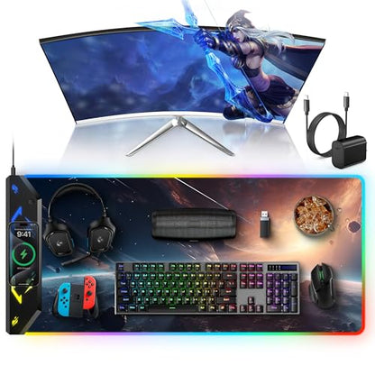 TopMade Wireless Charging Mouse Pad, RGB Gaming Mousepad, 35.4" x 15.8" Extra Large Waterproof Keyboard Desk Pad, Computer Desk Mat, Cosmic Planet (Includes 20W PD Power Adapter & 6.56ft Woven Cable) - color: RGB Cosmic Planet-35.4"x15.8"-with Adapter