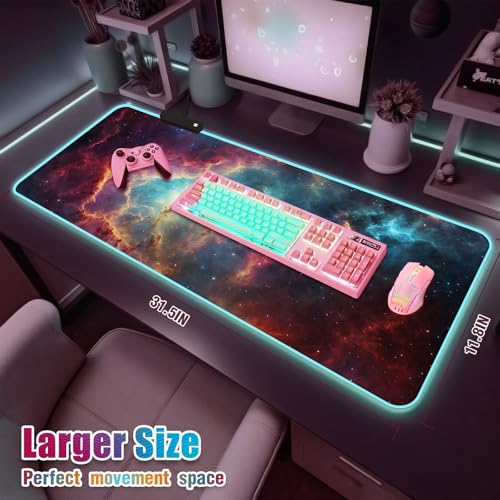 RGB Mousepad Led Mouse Pad Desk Mat I 31.5 x 11.8 Inch Large Mouse Pad I XL Oversized Big Mouse mat 14 Led Light Modes I Anti-Slip Rubber Base Waterproof Keyboard Pad for PC Gaming I Milky Way Galaxy - color: Milky Way Galaxy