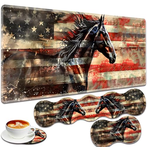 Large Gaming Mouse Pad + Keyboard Wrist Rest + Wrist Support + Coaster Set, Memory Foam Ergonomic for Easy Typing, XXL Extended Gaming Mouse Pad Table Pad - Flag Horse American - color: Flag Horse American