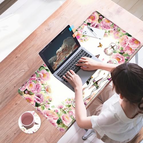 Mouse Pad,Large Desk Mat Set, 4in1 XL Mousepad + Keyboard Wrist Rest+Mouse Wrist Rest+Coaster with Ergonomic Desk Pad for Home Office Table Computer Cover -Flower Hummingbird - color: Flower Hummingbird