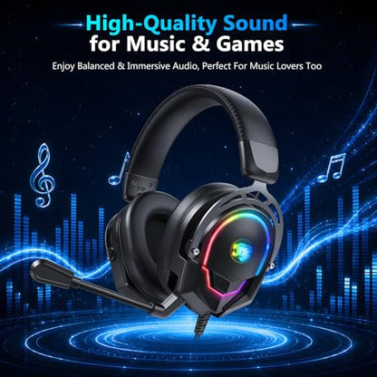 K98 Wired RGB Gaming Headset with Mic, Over Ear Gaming Headphones, 50mm Neodymium Drivers, Noise Isolating Microphone, Memory Foam Cushions, Aluminum Alloy Frame for PC, PS5, PS4, Xbox, Switch - color: Black/Gray RGB