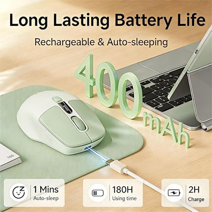 Wireless Bluetooth Mouse with Visible Battery & DPI Screen, Multi-Device BT & 2.4G Computer Mouse, 500 mAh Rechargeable, 1600DPI, Silent Portable Optical Mice for Laptop, PC, Mac, iPad - Green - color: Green