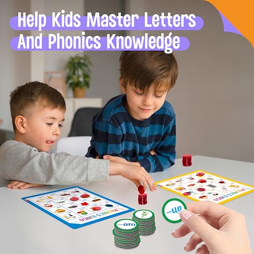 Alphabet & Phonics Bingo Game, 12 Bingo Boards ABC Letters, CVC Blends Words Phonetic Game, Letters Phonetic Awareness Early Educational Learning Toys - Ages 4 and up, Perfect for Classroom & At Home - style: Alphabet & Phonics Bingo Game