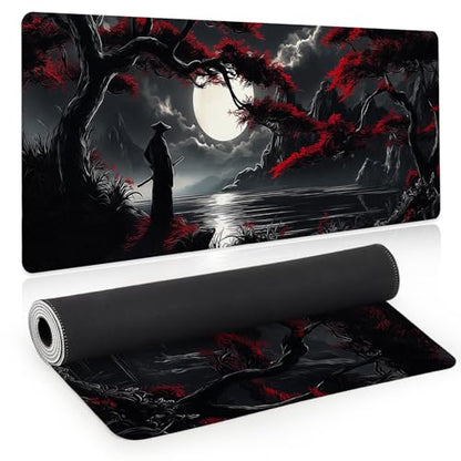 Large Gaming Mouse Pad, Japanese Samurai Desk Mat, XL Extended Big Mousepad with Non-Slip Rubber Base, Keyboard Computer Mat for Gamers, Office &Home, 31.5x11.8in, Red Maple - color: Samurai1
