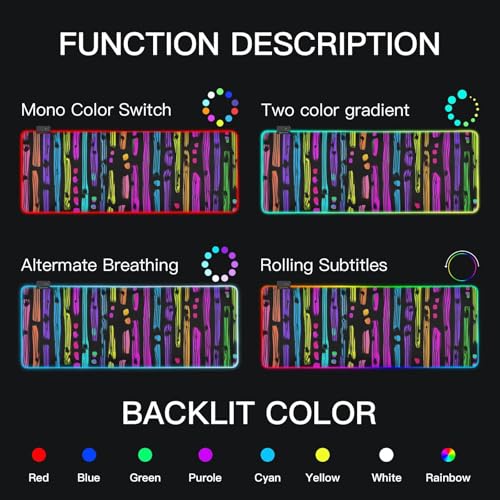 Vivid Stripe Print Gaming Mouse Pad Large Keyboard Mat with Multiple RGB Light Modes Anti Slip Rubber Base Large - size: Large