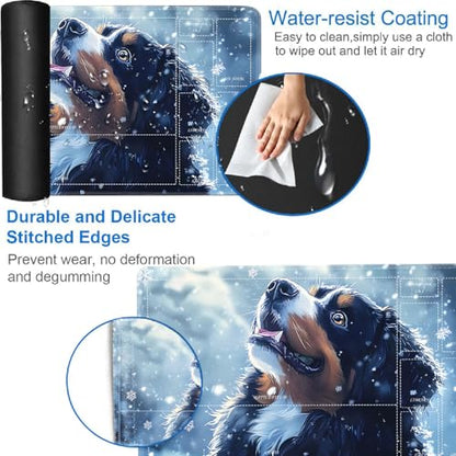 for MTG/TCG Playmat with Zones, 24 x 14 inches Trading Card Playmat with A Storage Bag and 6 Dice, Non-Lip Rubber Bottom Game Desk Mat, Bernese Mountain Dog in The Snow - color: Yux-playmats-2-3A-251