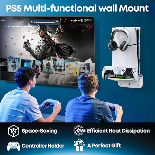 P S5 Wall Mount Kit with Cooling Fan and Charging Station Compatible with PS5/ Slim/ Pro Disc and Digital, PS Five Floating Shelf with 9 RGB Lights, PS 5 Mount Behind TV, P5 Accessories for Gaming, Black and White - color: Black and White