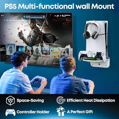 P S5 Wall Mount Kit with Cooling Fan and Charging Station Compatible with PS5/ Slim/ Pro Disc and Digital, PS Five Floating Shelf with 9 RGB Lights, PS 5 Mount Behind TV, P5 Accessories for Gaming, Black and White - color: Black and White