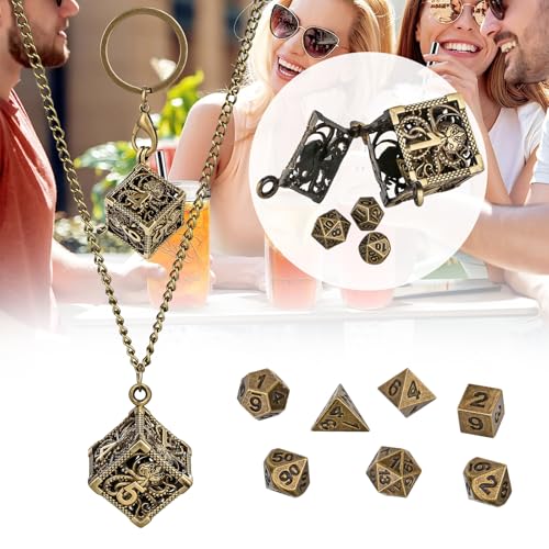Keller & Weber Mini DND Dice Set with Hollow Six-Sided Octopus Metal Case Portable Keychain Necklace, Tiny 7pcs Polyhedral D&D Dice Set, DND Gifts with Gift Box, D&D Accessories for RPG, Bronze