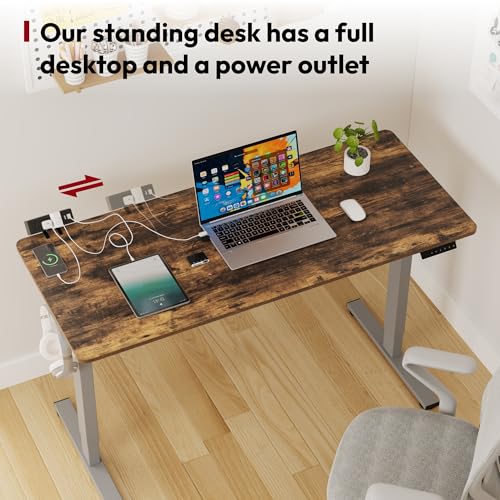 SANODESK Electric Standing Desk with Desk Clamp Power Strip 48"x 24" Whole-Piece Desktop Height Adjustable Stand Up Desk with Cable Management Sit Stand Home Office Desk Silver Frame/Rustic Brown Top - color: Silver Frame+rustic Brown Top, size: 48"x24"