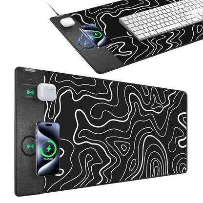 Magnetic Wireless Charging Mouse Pad, 31.5"x15.8" XXL Desk Mat | Gaming Mousepad, Ultra-Smooth Surface, Non-Slip Rubber Base, Waterproof Computer Keyboard Pad, Black and Topographic Line - color: Black and Topographic Line - 31.5"x15.7"