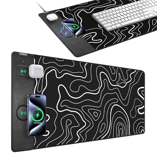 Magnetic Wireless Charging Mouse Pad, 31.5"x15.8" XXL Desk Mat | Gaming Mousepad, Ultra-Smooth Surface, Non-Slip Rubber Base, Waterproof Computer Keyboard Pad, Black and Topographic Line - color: Black and Topographic Line - 31.5"x15.7"