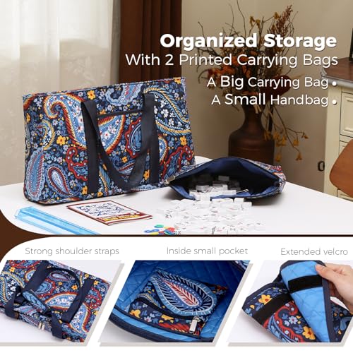 American Mahjong Tile Set with Navy Printed Carrying Bag, 166 Premium White Tiles, 4 All-in-One Color Racks/Pushers, Mah Jongg Sets, Complete Mahjong Game Set for Travel - color: Navy Print