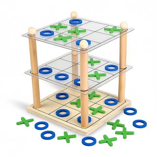 3D Ultimate Wooden Tic Tac Toe Board Game – Classic XO Strategy Game for Kids & Adults, Fun Family Table Games Night, Durable Wooden Tabletop Game