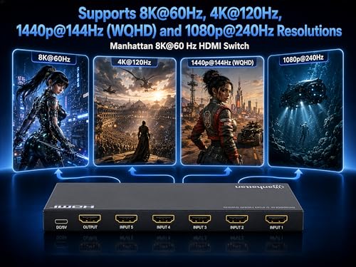 Manhattan HDMI Switch 5 in 1 Out, 8K 60Hz, 4K 120Hz, HDR, IR Remote, Metal Housing, 48Gbps, HDCP 2.3-208482 - size: 5 In x 1 Out
