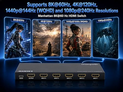 Manhattan HDMI Switch 5 in 1 Out, 8K 60Hz, 4K 120Hz, HDR, IR Remote, Metal Housing, 48Gbps, HDCP 2.3-208482 - size: 5 In x 1 Out
