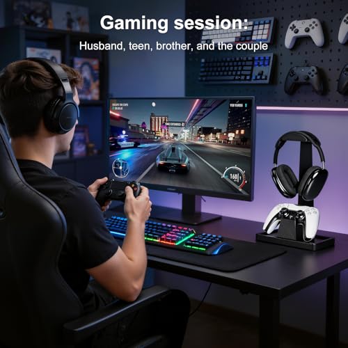 UPERGO Solid Wood Headphone Stand with Controller Holder for Desk | Natural Solid Wood, Holds 1 Headset & 1 Controller, Gamer Gifts for Men, Gaming Desk Accessories for PS5/Xbox/Switch
