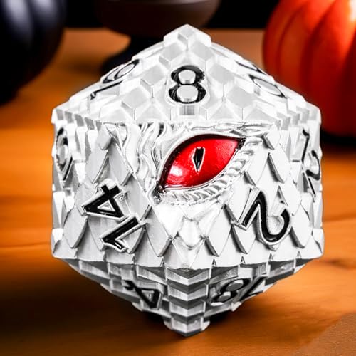 1 die Metal D20 DND Dice - Dragon Scale Metallic 20 Sided Giant Polyhedral Dice,35mm Large Dragon Eye Metal D&D Dice for Dungeons and Dragon Tabletop Game(White Dragon Scale) - color: White Dragon Scale