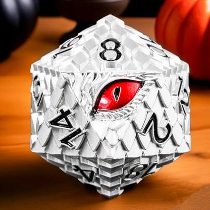 1 die Metal D20 DND Dice - Dragon Scale Metallic 20 Sided Giant Polyhedral Dice,35mm Large Dragon Eye Metal D&D Dice for Dungeons and Dragon Tabletop Game(White Dragon Scale) - color: White Dragon Scale