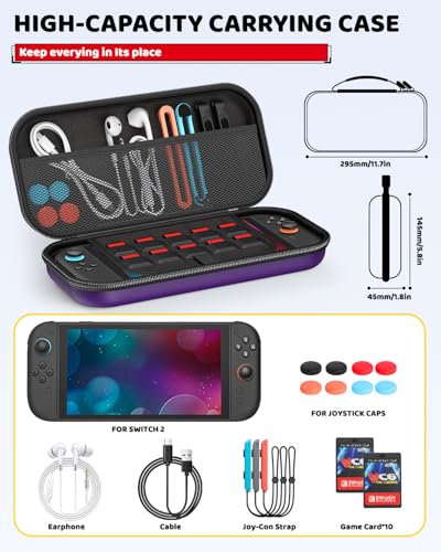 Switch 2 Slim Hard Shell Carry Case for Nintendo Switch 2 2025/Switch/OLED | Hard Shell Carrying Case with Soft Lining, 10 Card Slots, Durable Ballistic Nylon, Soft Silicone Handle, Switch2 Carry Case - color: Purple