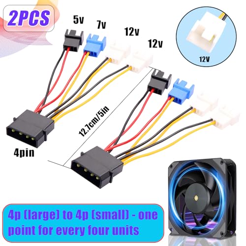 2Pcs Large 4-pin to Small 4/3-pin Fan Speed Control Cable, 1-to-4 Splitter, 3-Speed Settings (12V/7V/5V), Computer case Fan Power Splitter (22AWG, 12cm)