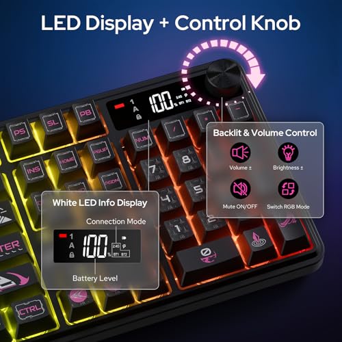 Redragon K526 PRO RGB Wireless Membrane Gaming Keyboard, 104 Keys Mechanical-Feel Keyboard w/LED Info Display, Media/Backlit Knob Control, Smooth Linear Switch & Software Supported - color: Black & Purple