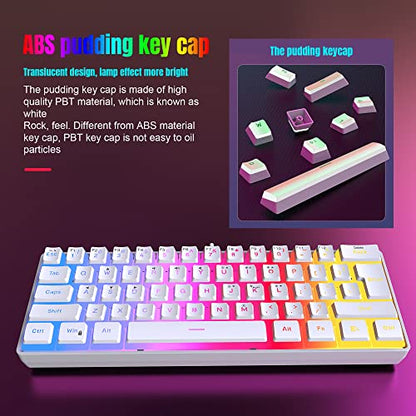 DGG 60% Wired Gaming Keyboard, Pudding Keycaps with Translucent Layer, RGB Backlit Ultra-Compact Small Keyboard, Waterproof Mini Compact 61 Keys Keyboard for PC/Mac Gamer, Typist, Travel, White - color: White