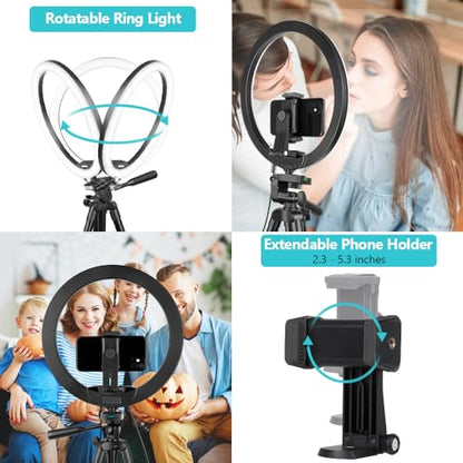 Sensyne 12'' Ring Light with 50'' Extendable Tripod Stand, LED Circle Lights with Phone Holder for Live Stream/Makeup/YouTube Video/TikTok, Compatible with All Phones - color: Nature, size: 12-inch