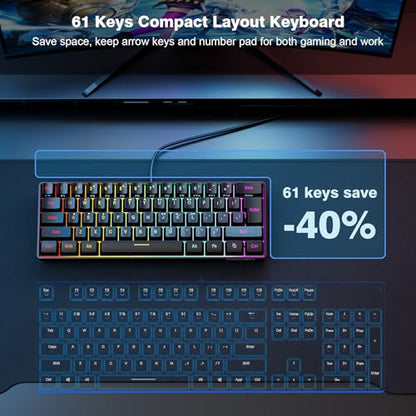 Snpurdiri 60% Wired Gaming Keyboard, 61 Keys RGB (Black) | Backlit Ultra-Compact Mini Gaming Keyboard for PC/Mac Gamer, Typist, Travel, Easy to Carry on Business Trip - color: Black