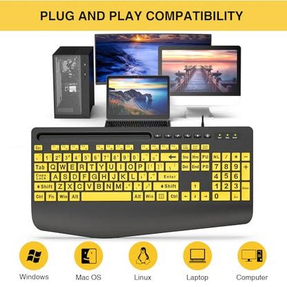SABLUTE Large Print Keyboard Wired Computer Keyboards with Wrist Rest, Phone Holder, Big Letters Easy to Read Compatible Windows, Desktop, Laptop, Yellow - color: Yellow&Black