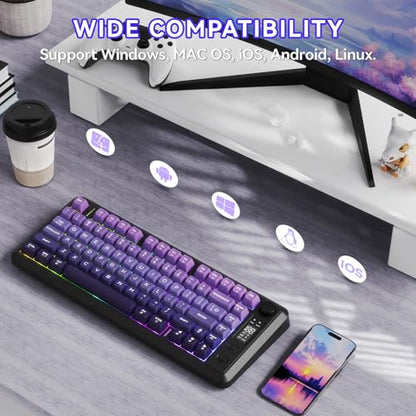 ZIYOU LANG M75 Wireless Gaming Keyboard, RGB Backlit Rechargeable 2000mAh Battery, Small Membrane But Mechanical Feel Keyboard with Smart Display & Knob, PBT Gradient keycaps for PC, MAC-Grape Purple - color: Grape Purple