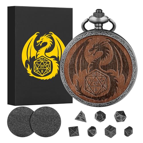 Mini DND Dice Set Wooden Dragon Engraved Pocket Watch Shell Case, 7pcs Polyhedral Metal D&D Dice Set, DND Gifts with Gift Box, Role Playing Board Games Accessories, Silver