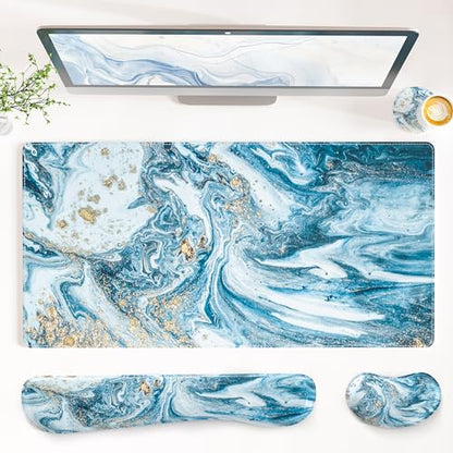 QIYI PU Leather Desk Mat Set, 4-in-1 Ergonomic Wrist Rest, Blue Marble | Waterproof Large Mouse Pad 31.5×15.7 + Keyboard Wrist Rest + Mouse Wrist Support+Coaster, Non-Slip Office Gaming Accessories - color: Blue Marble